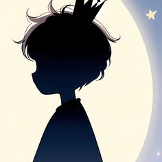 the silhouette of a boy with a crown on his head in front of a full moon