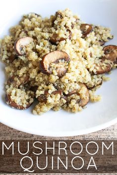 mushrooms and quinoa in a white bowl