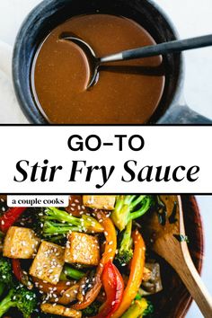 stir fry sauce in a bowl with broccoli and tofu on the side