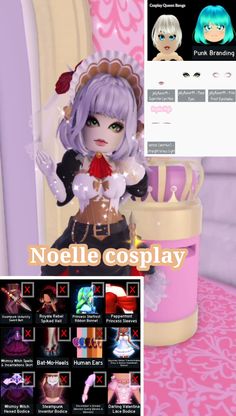 an image of a doll in front of a table with other items on it and the words noelle cosplay