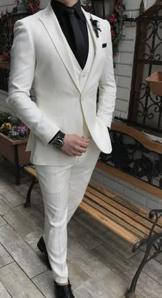 Mens White Suit, White Wedding Suit, White Tux, Prom Suits For Men, Suits Groom, Black And White Suit, Wedding Tux, White Tuxedo, Wedding Suits Groom