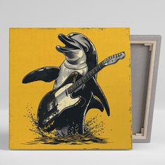 a penguin with a guitar in its's mouth on a yellow and black background