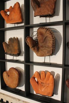 baseball gloves are lined up on the wall