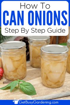 jars filled with pickled onions on top of a cutting board next to tomatoes and peppers