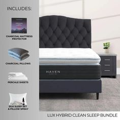 Luxurious Haven LUX Hybrid mattress set with charcoal-infused sleep accessories, including pillows and protector Pillowtop Mattress, Charcoal Pillow, Active Charcoal, Serta Icomfort Mattress, Pillow Spray, Chevron Pillows, Sleep Solutions, Pillow Top Mattress, 100% Cotton Mattress Pad