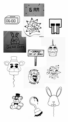 some stickers that are on the side of a white sheet with black and white images