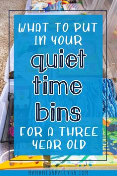 a blue sign that says what to put in your quiet time bins for a three year old