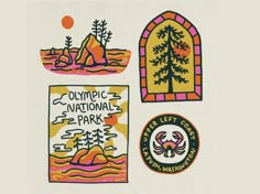 three stickers depicting different types of trees, rocks and mountains with the words olympic national park written on them