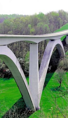 a large white bridge over a lush green field