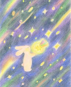 a child's drawing of a bunny flying in the sky with stars and rainbows