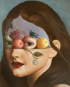 a painting of a woman with fruit and butterflies on her face, as if it were an individual's head