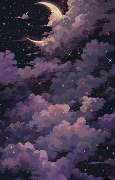 the night sky is filled with stars and clouds, as if it were painted in purple