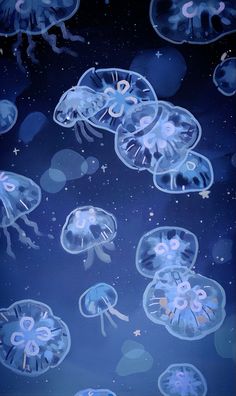 many jellyfish floating in the water at night with stars and clouds above them on a dark blue background