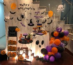 a halloween themed party with decorations and balloons