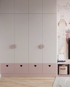 a pink and white bedroom with hearts painted on the closet doors next to a tv