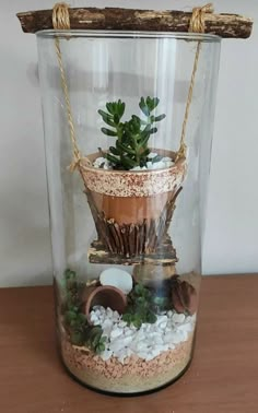 a glass jar with plants inside sitting on a table