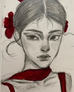 a drawing of a woman's face with red ribbon around her neck and shoulders