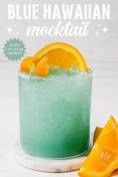 a blue hawaiian mocktail with an orange slice Teal Mocktails, Blue Ocean Mocktails, Blue Hawaiian Mocktail Recipe, Tropical Mocktails For Luau, Topo Chico Drinks Recipes Mocktail, Blue Mocktails Non Alcoholic Recipes, Hawaiian Mocktails Non Alcoholic, Blue Caraco Drinks Cocktail Recipes, Frozen Mocktail Recipe