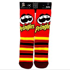 Odd Sox Pringles Crew Socks Brand New With Tags Unisex Mens/Womens Shoe Sizes 6-13 Crew Height Red, Brown, Yellow Large Pringles Logo On Each Sock 70% Cotton, 15% Nylon, 15% Spandex Chips Logo, Pringles Logo, Pringle Socks, Socks Logo, Birkenstock With Socks, Socks Advent Calendar, Pringles Original, Sock Store, Blue Stockings