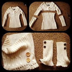 four pictures of sweaters and socks with buttons on the bottom one is made from white yarn