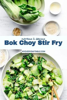 a bowl filled with green vegetables and chopsticks next to other foods on a table