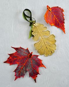 three leaf shaped ornaments are shown on a white surface, one is gold and the other is red