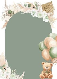 a teddy bear with balloons and feathers in the shape of a rectangle on a white background