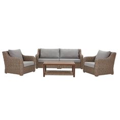 an outdoor furniture set with grey cushions and two chairs, coffee table and end tables