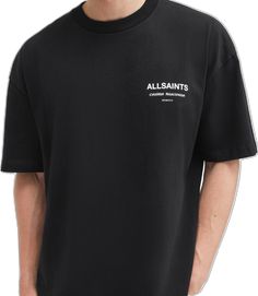 Oversized Black Logo Top, Oversized Black T-shirt With Logo, Black Cotton Tops By Allsaints, Allsaints Black Cotton Tops, Allsaints Black Short Sleeve Top, Oversized Black T-shirt With Front And Back Print, Allsaints Oversized Tops For Streetwear, Black Drop Shoulder Tops With Logo Print, Black Drop Shoulder Tops With Text Print