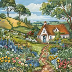 a painting of a cottage with flowers and trees in the foreground, on a sunny day