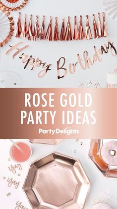 rose gold party decorations on a white table