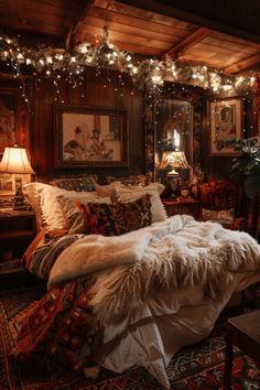 a bedroom with lights strung from the ceiling and rugs on the floor, along with an animal - print bed spread