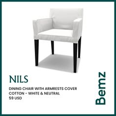 a white chair with arms and legs is shown in front of a green frame that reads nils dining chair with armrests cover cotton - witte & neutral 98 usd