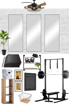 a white brick wall with mirrors, shelves and other items in it that include an exercise equipment