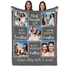 two women holding up a blanket with the words best friends and four pictures on it