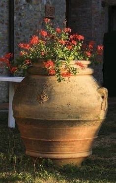 a large clay pot with red flowers in it