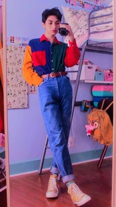 80s Male Outfits Aesthetic, Bright Color Clothing Aesthetic, Masculine 80s Outfits, Colourful 90s Outfits, Colorful 80s Outfits Men, Colorful Outfit Ideas Men, 80s Bright Outfits, 80s Masculine Fashion, Colorful 70s Outfits Men