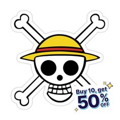 a sticker with a skull wearing a hat and crossbones on the side