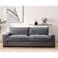 a gray couch sitting next to a plant in a living room