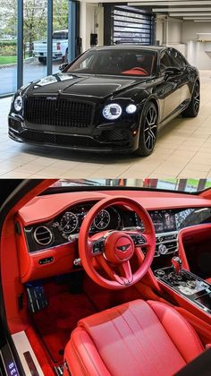 the inside and outside of a car showroom with red leather seats, black interior