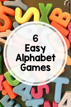 the words easy alphabet games are surrounded by colorful plastic letters and magnets that spell out numbers