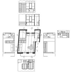 the floor plan for an apartment with three levels and four rooms, all in different sections