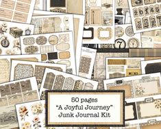 a large collection of junk journal pages with the title 50 pages a joyful journey