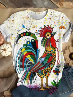 Women's Funny Chicken Art Print Crew Neck T-Shirt Chicken Craft, Thrift Store Outfits, Chicken Crafts, Sublimation Ideas, Funny Chicken, Chicken Art, Chicken Humor, Horse Designs, Dark Fashion