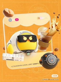 a yellow poster with an image of a coffee cup, donut and other items