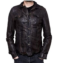 Leather Button-up Tops With Button Closure, Casual Collared Brown Biker Jacket, Casual Long Sleeve Biker Jacket, Casual Long Sleeve Biker Jacket With Buttons, Casual Fitted Biker Jacket With Buttons, Casual Brown Leather Tops, Brown Leather Casual Tops, Fitted Leather Button-up Top, Casual Brown Leather Top