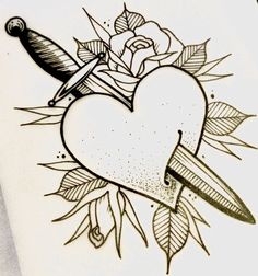 a drawing of a heart with a knife and roses on the side next to it