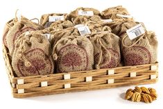 Millican Pecan Halves Burlap Bags 4oz with Display Basket Pecan Log Roll, Pecan Log, Pecan Halves, Country Stores, Office Snacks, Elegant Presentation, Display Basket, Pecan Pralines, Burlap Bags