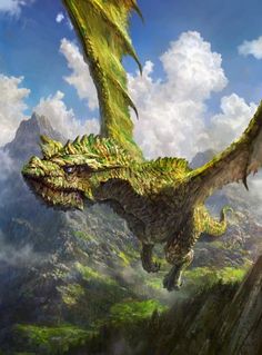 a painting of a dragon flying over a mountain range with clouds in the sky behind it