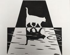 a black and white drawing of a cat standing on a dock next to the water